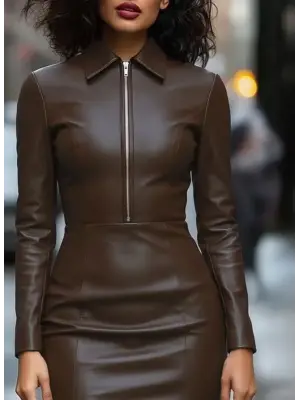 Kadın Uzun Kollu Yakalı Fermuarlı Mini Deri Elbise