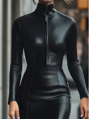 Kadın Uzun Kollu Yakalı Fermuarlı Mini Deri Elbise