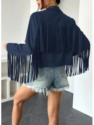 Kadın Uzun Kollu Yakalı Kısa Püsküllü Süet Ceket Kadın Giyim