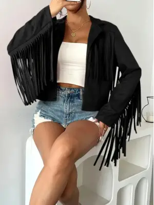 Kadın Uzun Kollu Yakalı Kısa Püsküllü Süet Ceket