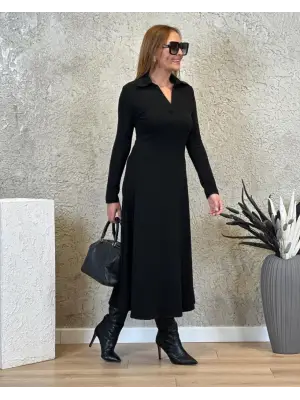 Kadın Uzun Kollu Yakalı Midi Viskon Iki Iplik Elbise