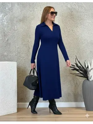 Kadın Uzun Kollu Yakalı Midi Viskon Iki Iplik Elbise