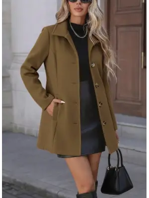 Kadın Uzun Kollu Yakalı önden Düğmeli Astarsız Ithal Kaşe Kahve Kaban