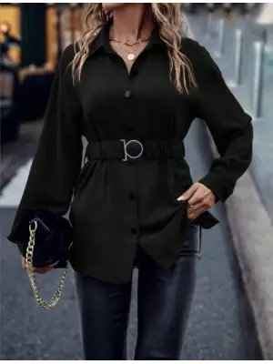 Kadın Uzun Kollu Yakalı önden Düğmeli Belden Kemerli Ithal Krep Bluz