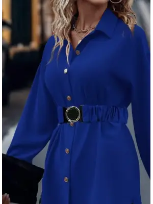 Kadın Uzun Kollu Yakalı önden Düğmeli Belden Kemerli Ithal Krep Bluz