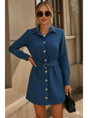 Kadın Uzun Kollu Yakalı önden Düğmeli Beli Kuşaklı Mini Ithal Keten Elbise