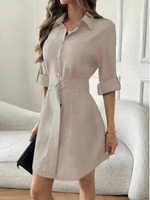 Kadın Uzun Kollu Yakalı önden Düğmeli Beli Kuşaklı Mini Ithal Keten Elbise