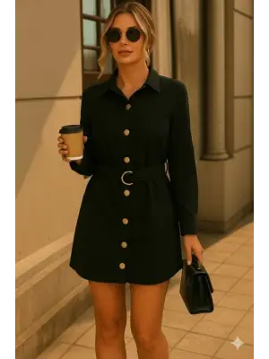 Kadın Uzun Kollu Yakalı önden Düğmeli Beli Kuşaklı Mini Ithal Keten Elbise