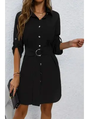 Kadın Uzun Kollu Yakalı önden Düğmeli Beli Kuşaklı Mini Ithal Keten Elbise