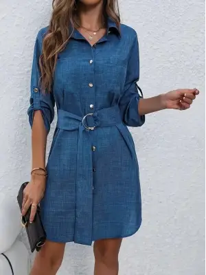 Kadın Uzun Kollu Yakalı önden Düğmeli Beli Kuşaklı Mini Ithal Keten Elbise