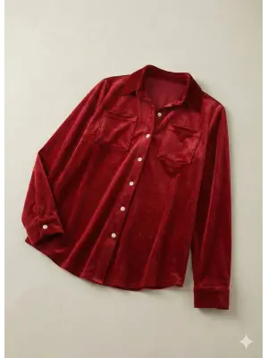 Kadın Uzun Kollu Yakalı önden Düğmeli Cep Detaylı Kadife Gömlek