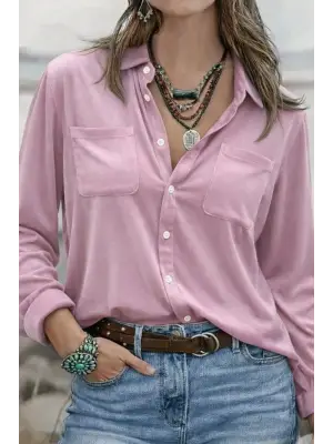 Kadın Uzun Kollu Yakalı Düğmeli Cep Detaylı Kadife Gömlek