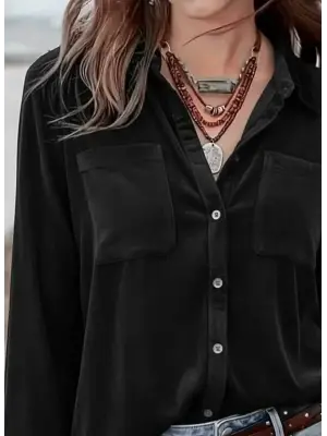 Kadın Uzun Kollu Yakalı önden Düğmeli Cep Detaylı Kadife Gömlek