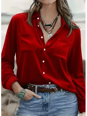 Kadın Uzun Kollu Yakalı önden Düğmeli Cep Detaylı Kadife Gömlek