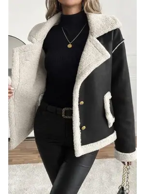 Kadın Uzun Kollu Yakalı önden Düğmeli Cep Detaylı Süet Ceket