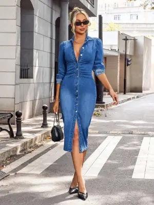 Kadın Uzun Kollu Yakalı önden Düğmeli Midi Kot Elbise