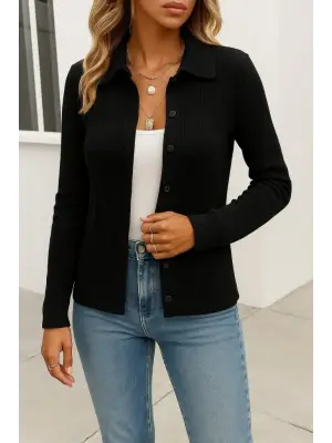Kadın Uzun Kollu Yakalı önden Düğmeli Triko Ceket