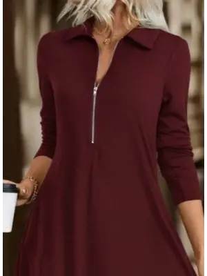 Kadın Uzun Kollu Yakalı önden Fermuarlı Uzun Viskon Iki Iplik Elbise