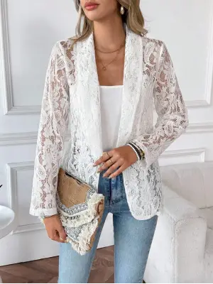 Kadın Uzun Kollu Yakalı önü Açık Dantelli Ceket