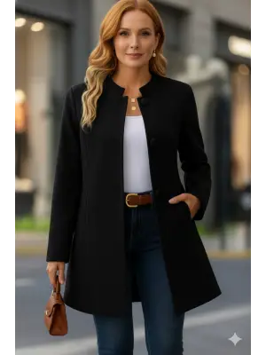 Kadın Uzun Kollu Yakalı önü Düğmeli Ithal Kaşe Astarlı Kaban