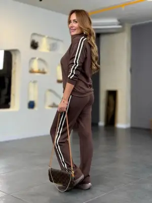 Kadın Uzun Kollu Yakalı şerit Detaylı Viskon Iki Iplik Bluz Ve Pantolon Ikili Takım