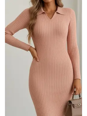 Kadın Uzun Kollu Yakalı Triko Elbise