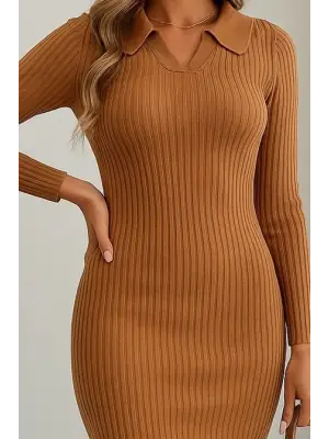 Kadın Uzun Kollu Yakalı Triko Elbise