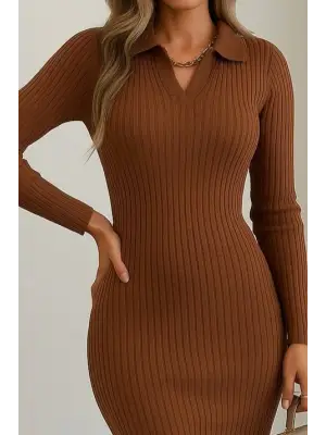 Kadın Uzun Kollu Yakalı Triko Elbise