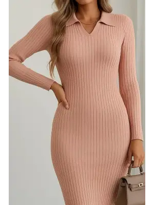 Kadın Uzun Kollu Yakalı Triko Elbise