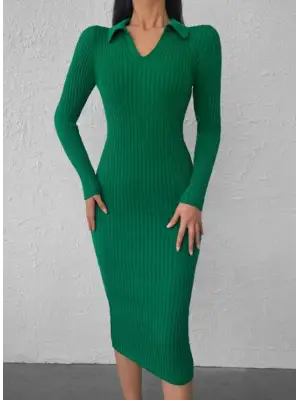 Kadın Uzun Kollu Yakalı Triko Elbise