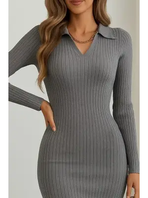Kadın Uzun Kollu Yakalı Triko Elbise