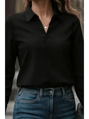 Kadın Uzun Kollu Yakalı Trikoton Gömlek