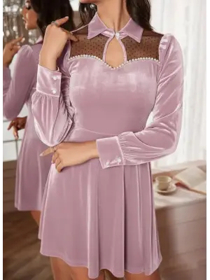 Zarif Tül Detaylı İncili Mini Kadife Elbise