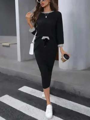 Kadın Uzun Kollu Yakası Açık şardonlu Kaşkorse Bluz Ve Eteği Bağcıklı Ikili Takım