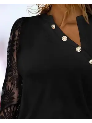 Kadın Uzun Kollu Yakası Asimetrik Detaylı Düğmeli Viskon Iki Iplik Bluz