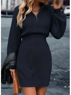 Kadın Uzun Kollu Yakası Fermuarlı Mini Triko Elbise