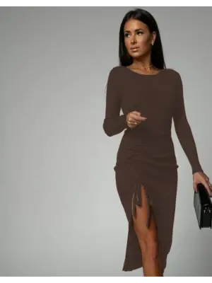 Kadın Uzun Kollu Yandan Büzgülü Yırtmaç Detay Kaşkorse Midi Boy Elbise