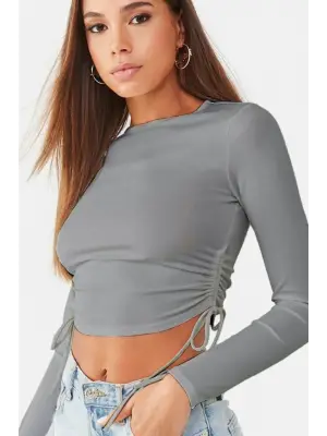 Kadın Uzun Kollu Yanlar Büzgü Detay Kaşkorse Crop