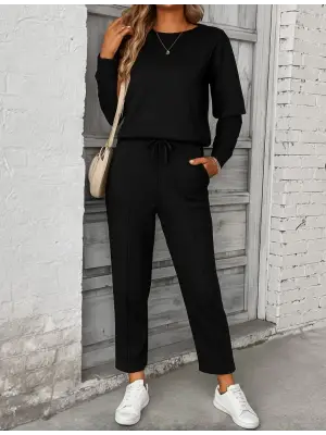 Kadın Uzun Kollu Yanları Nervurlu Viskon Iki Iplik Ve Pantolon Ikili Takım