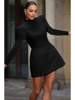 Kadın Uzun Kollu Yarı Balıkçı Yaka Arkadan Kurdela Detaylı Mini Atlas Elbise