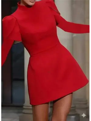 Kadın Uzun Kollu Yarı Balıkçı Yaka Arkadan Kurdela Detaylı Mini Atlas Elbise