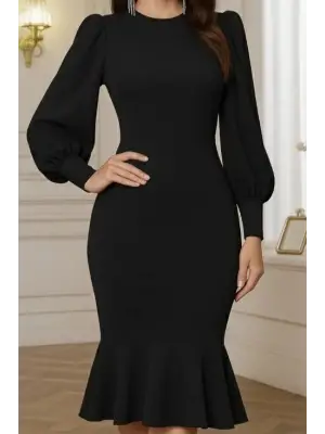 Kadın Uzun Kollu Yarı Balıkçı Yaka Etek Ucu Fırfır Detaylı Midi Ithal Krep Elbise