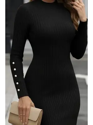 Kadın Uzun Kollu Yarı Balıkçı Yaka Kollar Düğme Detaylı Kısa şardonlu Kaşkorse Elbise