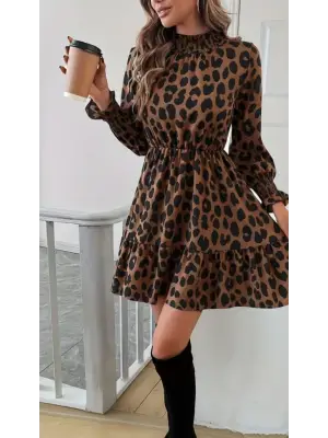 Kadın Uzun Kollu Yarı Balıkçı Yaka Leopar Desenli Modal Mini Elbise