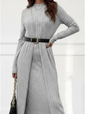 Kadın Uzun Kollu Yarı Balıkçı Yaka şardonlu Kaşkorse Elbise Ve Uzun Hırka Ikili Takım