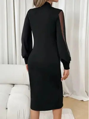 Kadın Uzun Kollu Yarı Balıkçı Yaka Tül Ve Inci Detaylı Kısa Ithal Krep Midi Elbise