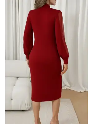 Kadın Uzun Kollu Yarı Balıkçı Yaka Tül Ve Inci Detaylı Kısa Ithal Krep Midi Elbise