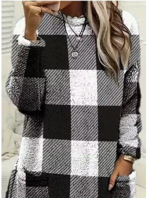 Kadın Uzun Kollu Yarı Balıkçı Yakalı Cep Detaylı Ekoseli Dokuma Tunik