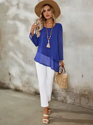 Kadın Uzun Kollu Yuvarlak Asimetrik Detaylı şifon Bluz