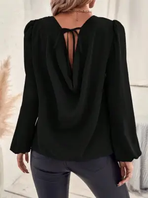 Kadın Uzun Kollu Yuvarlak Yaka Arkadan Bağcıklı Salaş Ithal Krep Bluz